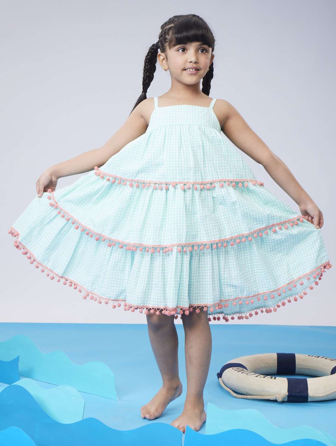 girls checkered shoulder strap tiered dress