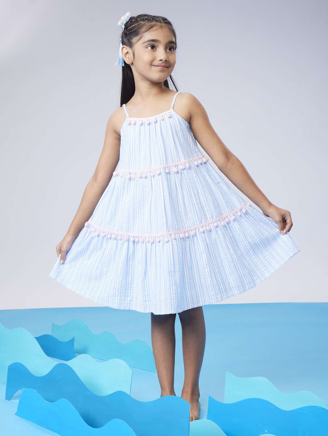 girls striped shoulder strap tiered dress