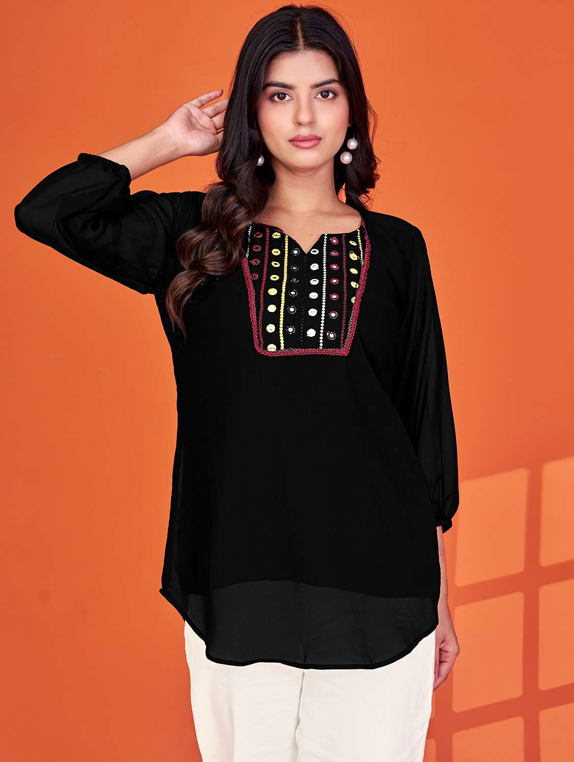 women black embroidered  notch neck tunic - 22078502 -  Zoom Image - 0