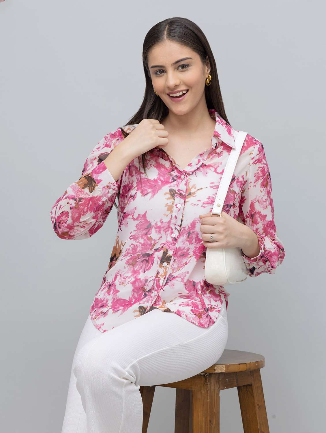 women floral print long sleeve collared regular shirt