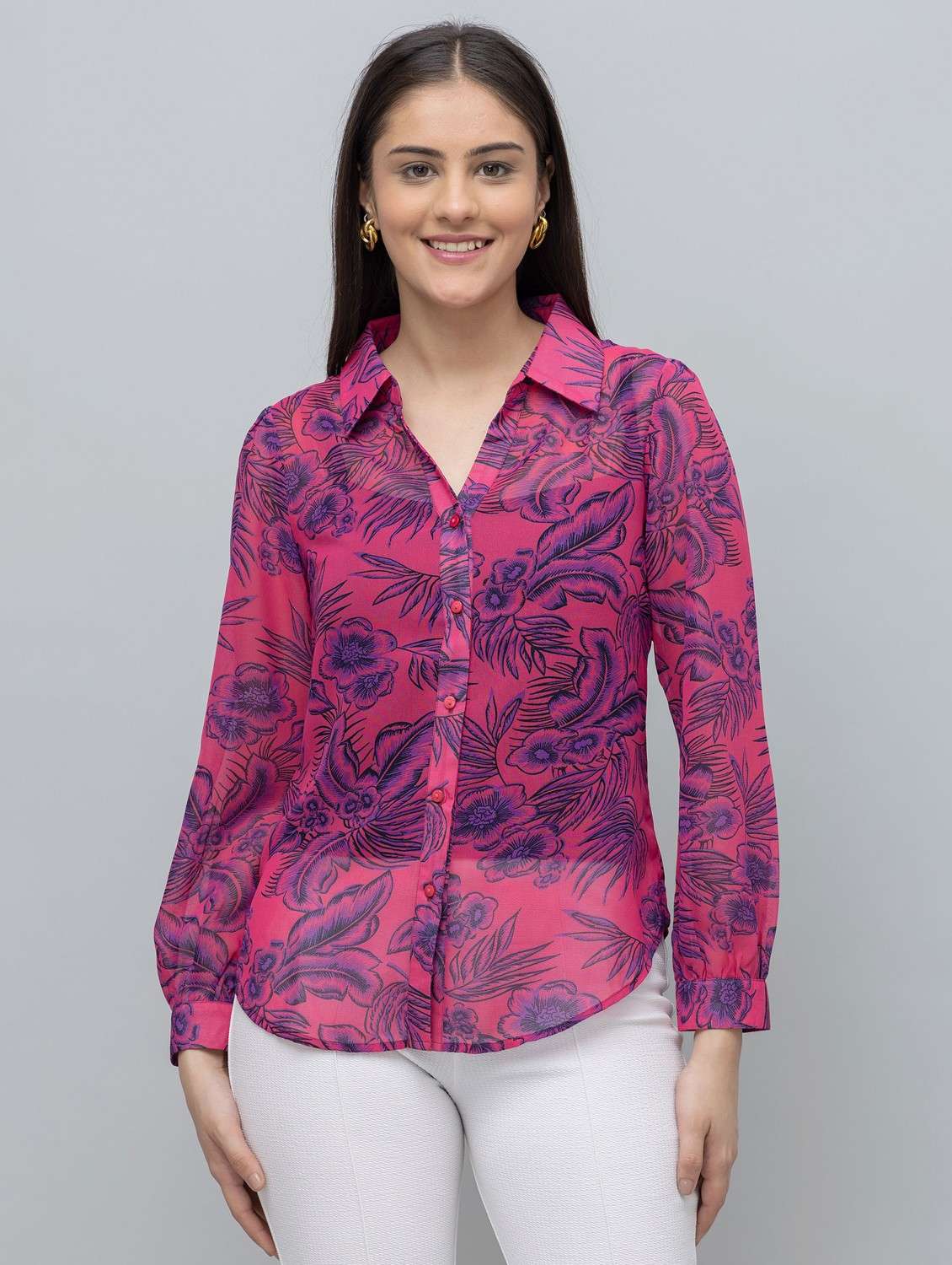 women floral print collared long sleeve shirt - 22078507 -  Zoom Image - 0