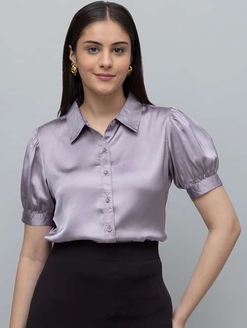 women solid puff sleeve collared shirt - 22078509 -  Standard Image - 0