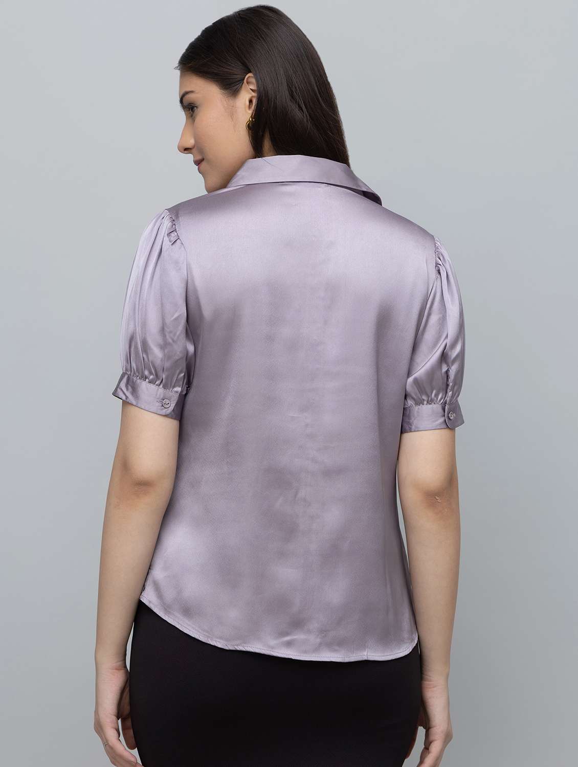 women solid puff sleeve collared shirt - 22078509 -  Standard Image - 3