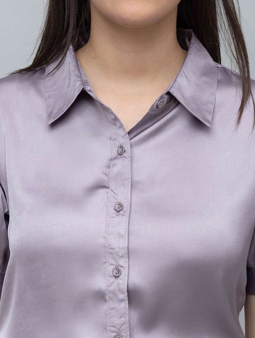 women solid puff sleeve collared shirt - 22078509 -  Standard Image - 5