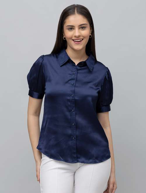 women solid puff sleeve collared regular shirt - 22078511 -  Standard Image - 0