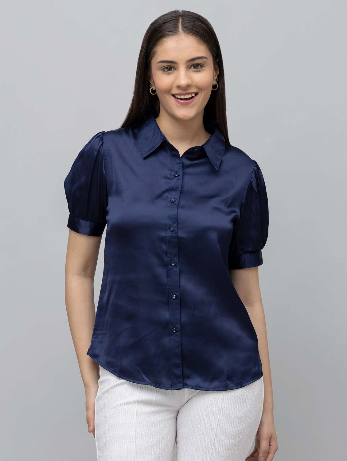 women solid puff sleeve collared regular shirt