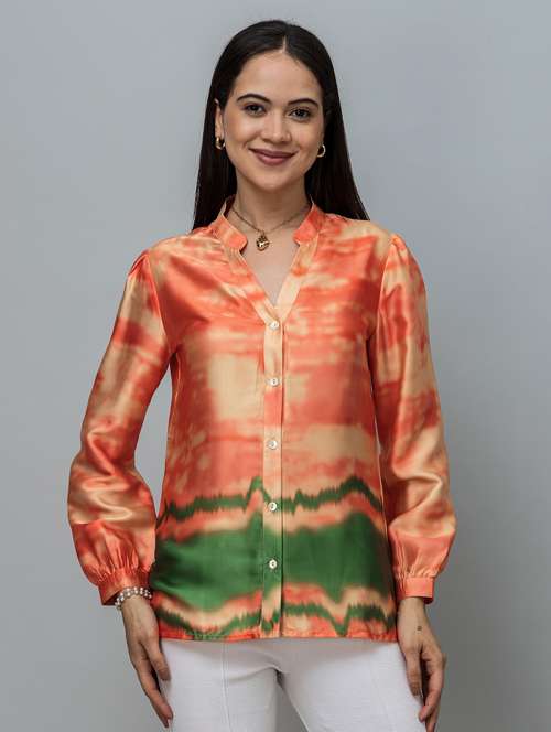 women printed mandarin neck long sleeve shirt - 22078517 -  Standard Image - 0