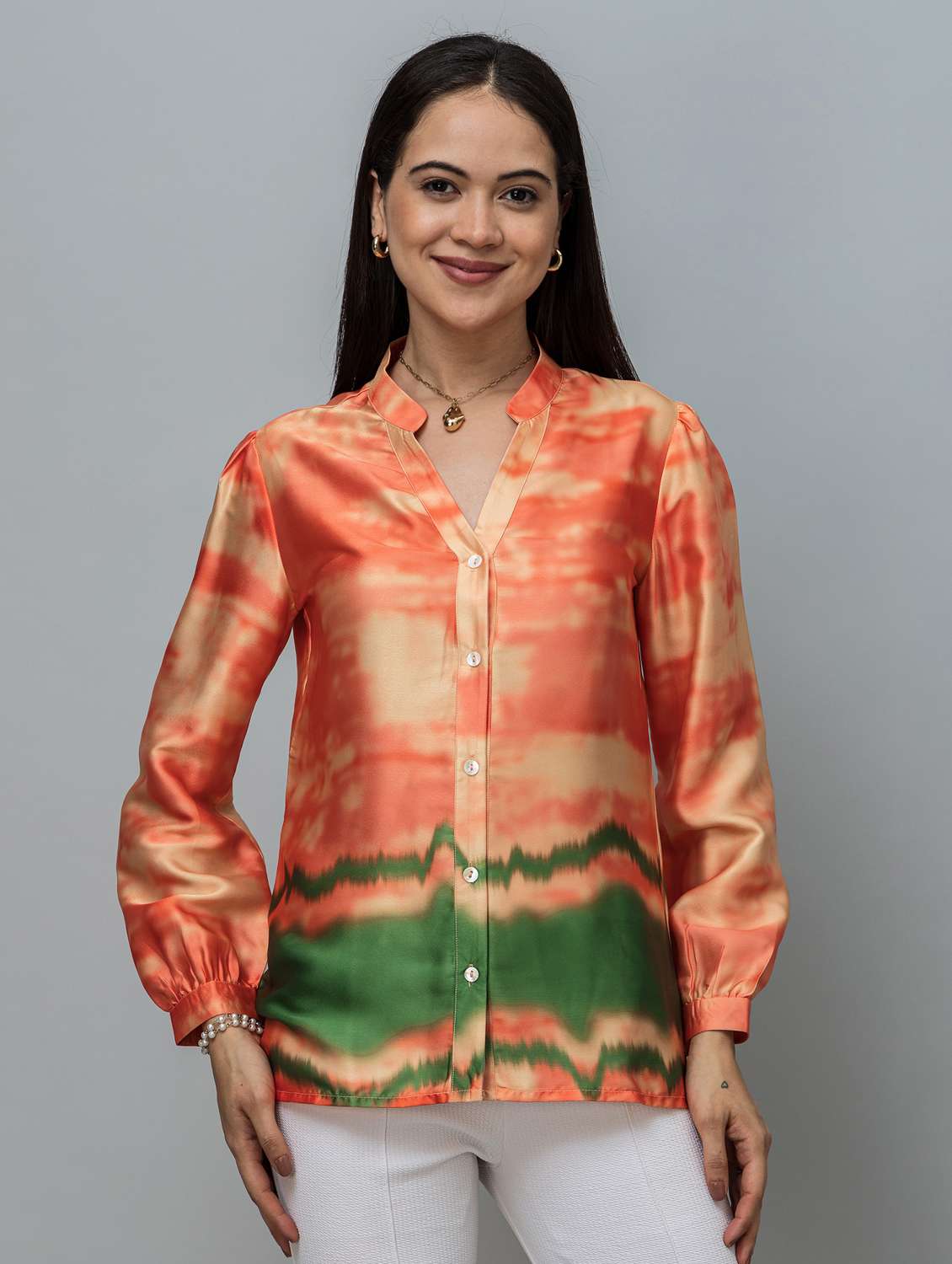 women printed mandarin neck long sleeve shirt