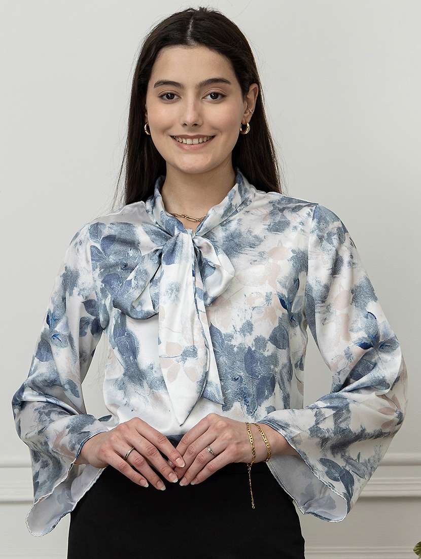 women printed bell sleeve tie up neck top - 22078518 - Standard Image - 5