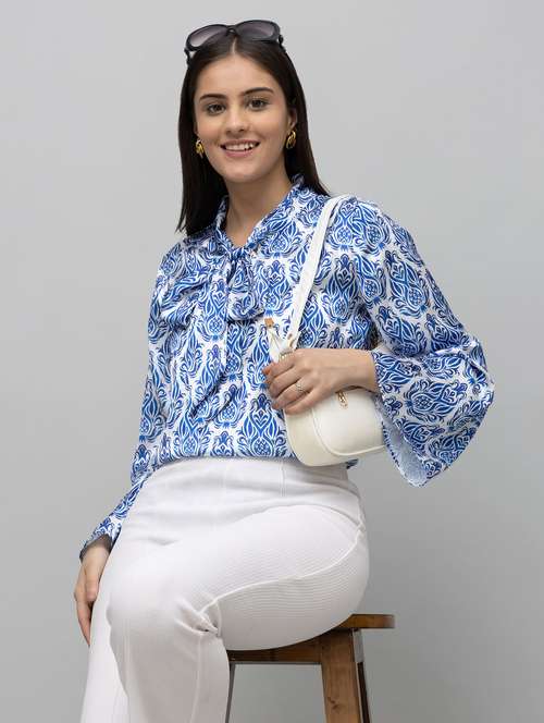 women printed bell sleeve tie up neck top - 22078519 - Standard Image - 0