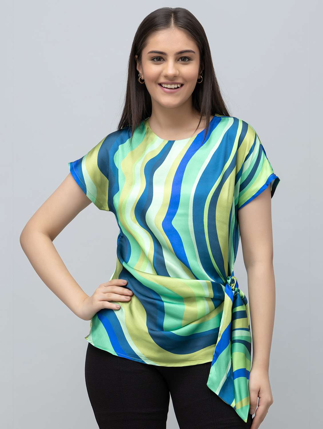 women printed short sleeve mock wrap top - 22078524 - Zoom Image - 0