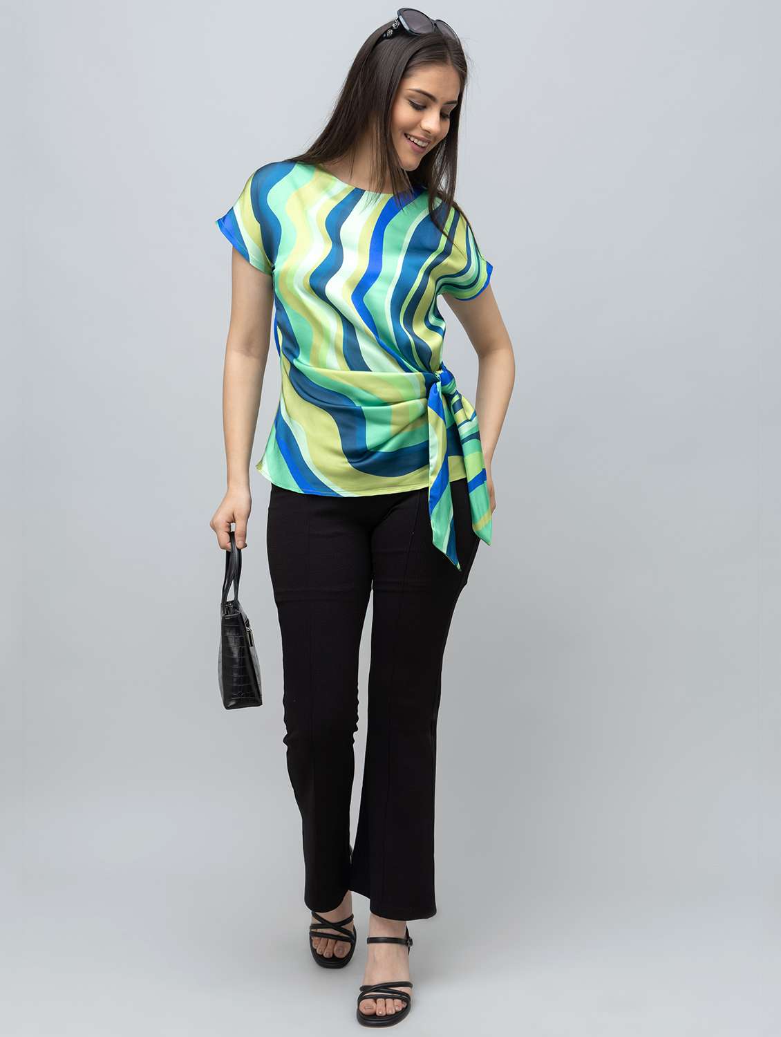 women printed short sleeve mock wrap top - 22078524 - Standard Image - 5