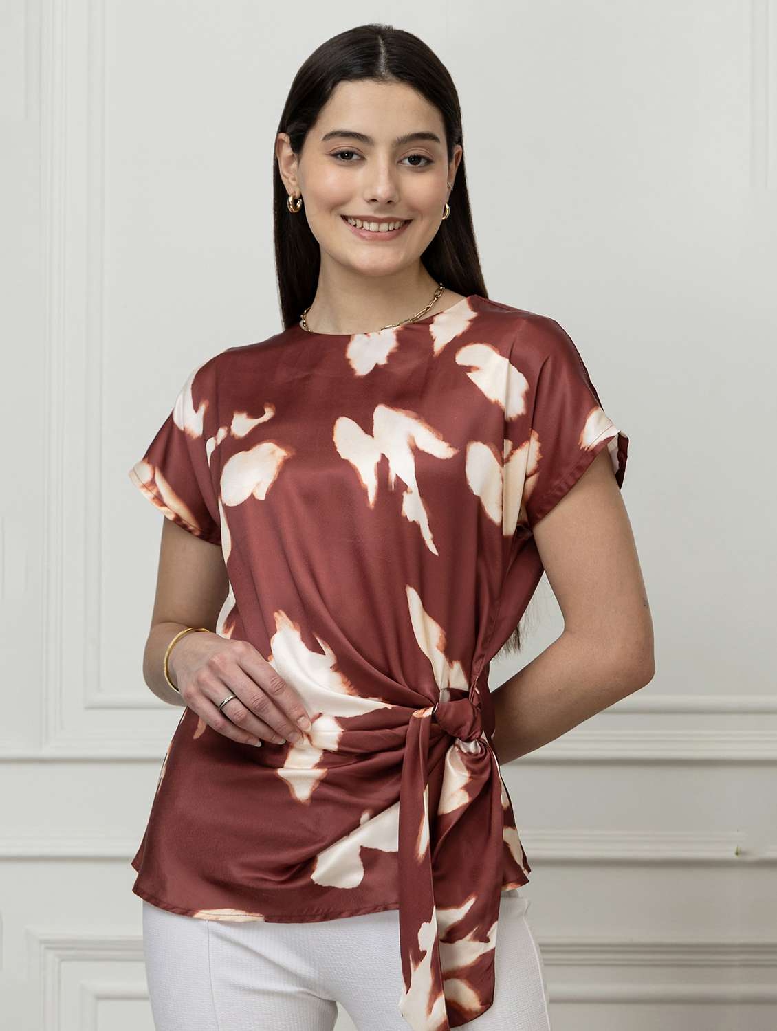 women printed short sleeve mock wrap top - 22078532 - Zoom Image - 0