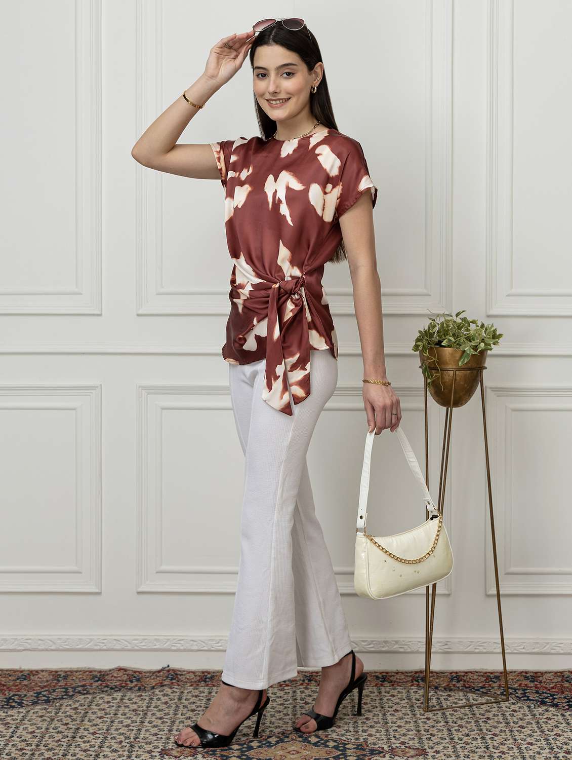 women printed short sleeve mock wrap top - 22078532 - Standard Image - 3