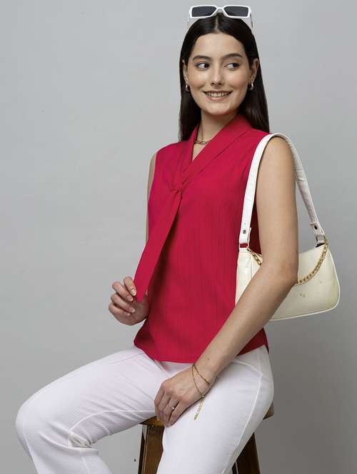 women solid sleeveless tie-up neck regular top - 22078533 -  Standard Image - 0