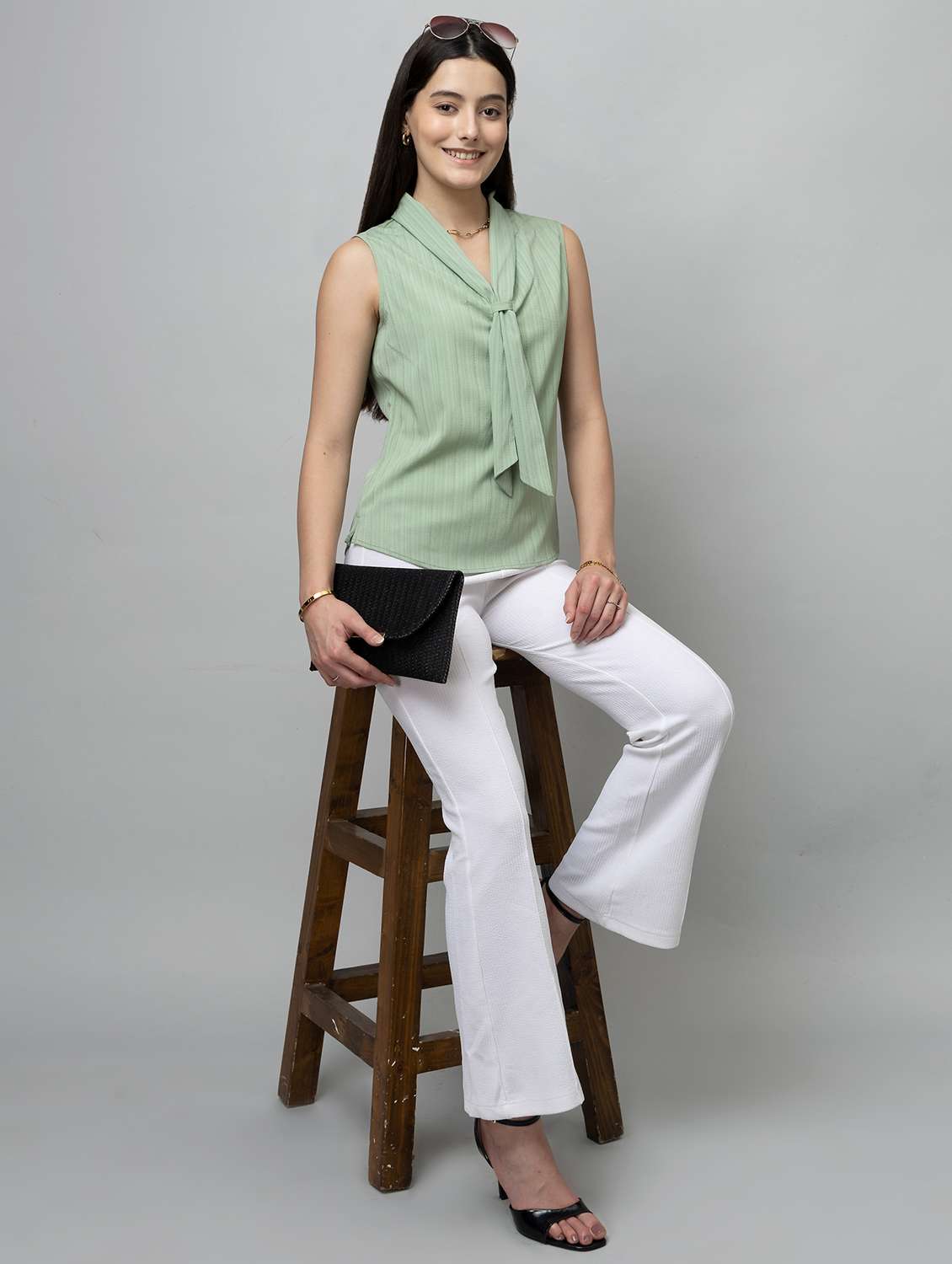 women solid sleeveless tie up neck regular top - 22078534 - Standard Image - 3