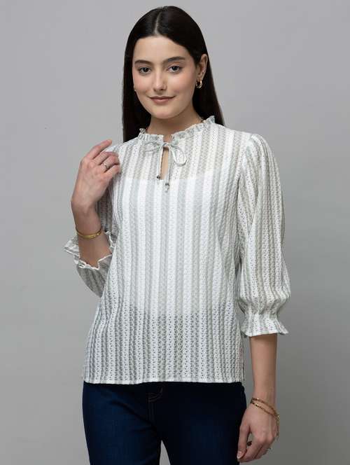 gwomen striped puff sleeev tie-up neck regular top - 22078538 - Standard Image - 0
