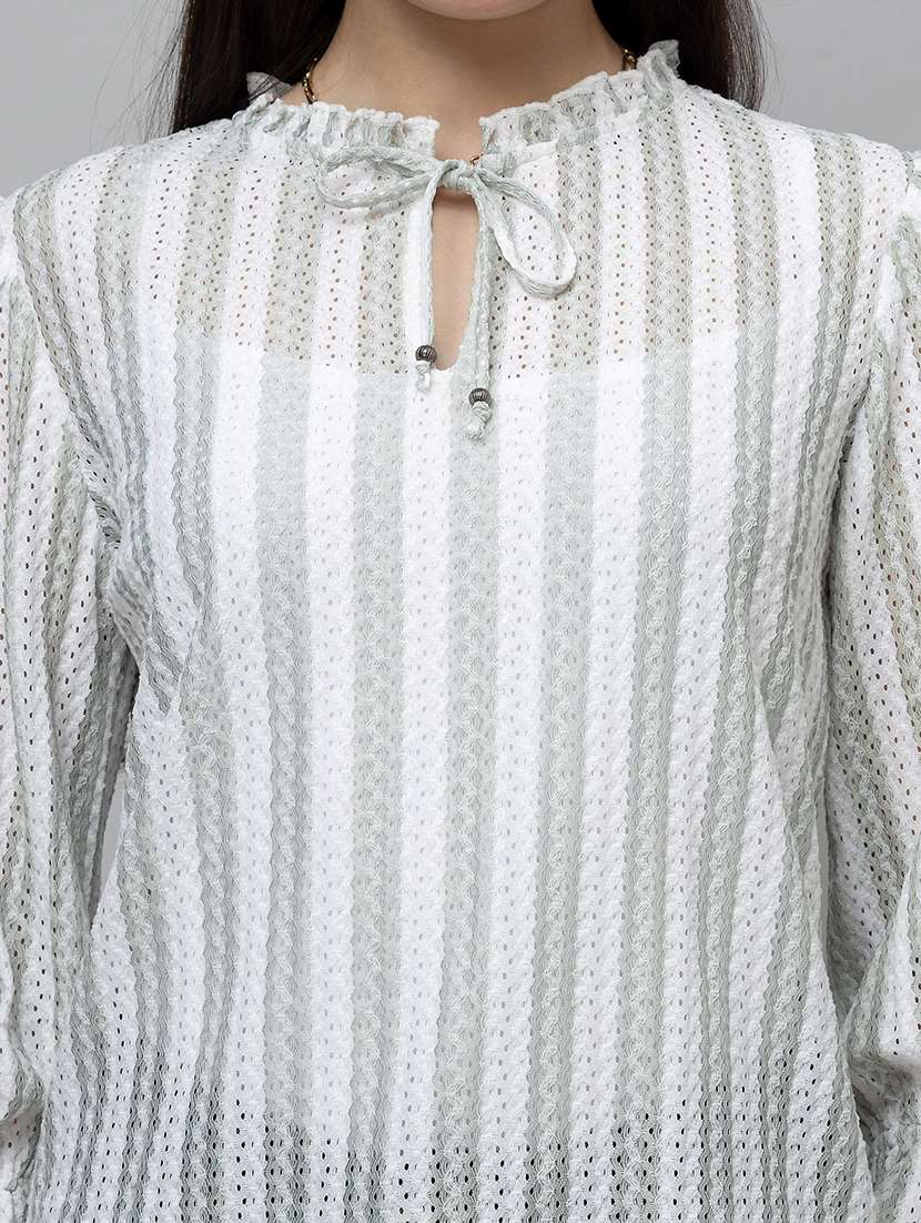gwomen striped puff sleeev tie-up neck regular top - 22078538 - Standard Image - 3