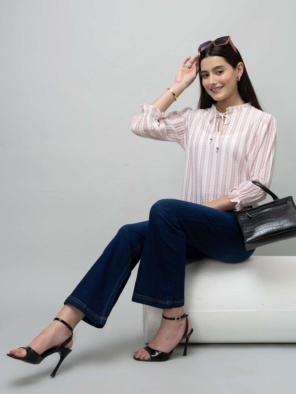 women striped toe up neck puff sleeve top - 22078539 - Standard Image - 3