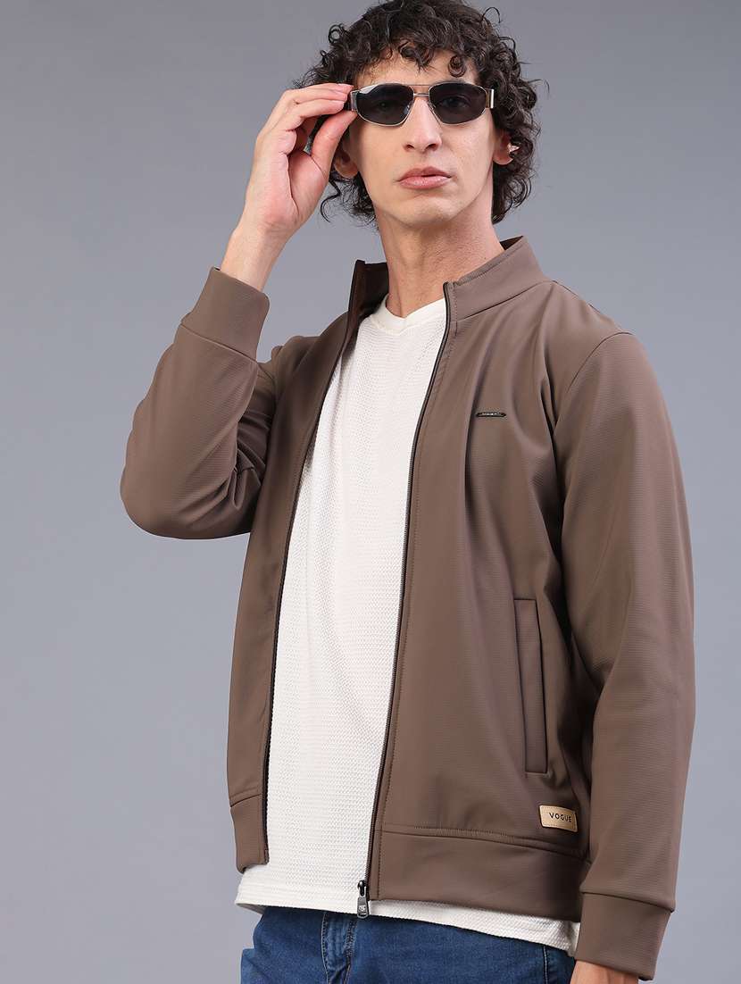 men solid stand collar long sleeve bomber jacket