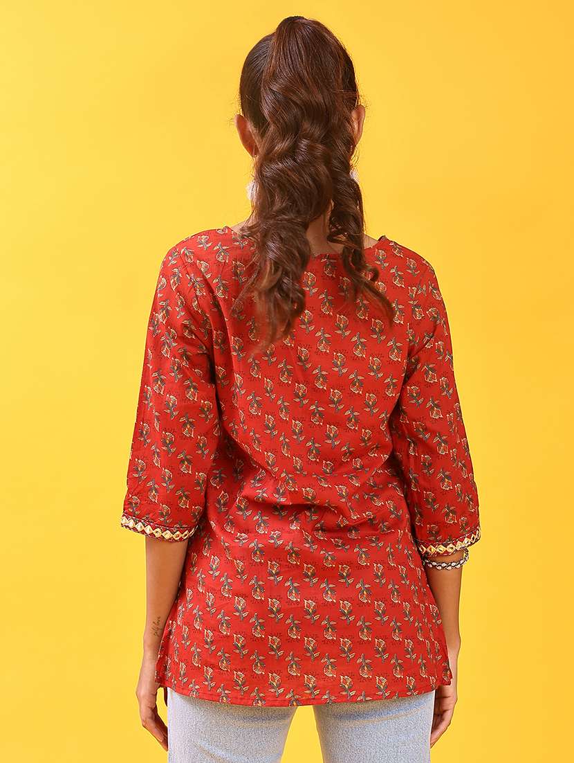 women floral printed three quarter sleeve straight kurti - 22078967 -  Standard Image - 3