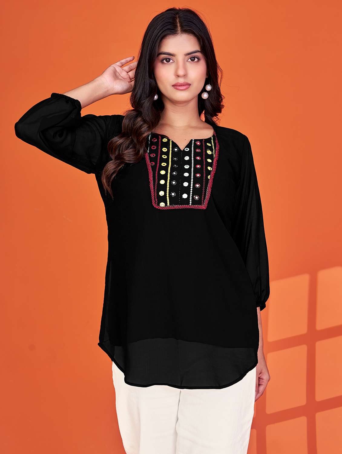 women solid with work three quarter sleeve a-line tunic - 22079150 - Zoom Image - 0