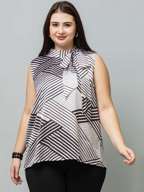 women plus size striped tie-up neck sleeveless top - 22079192 -  Standard Image - 0