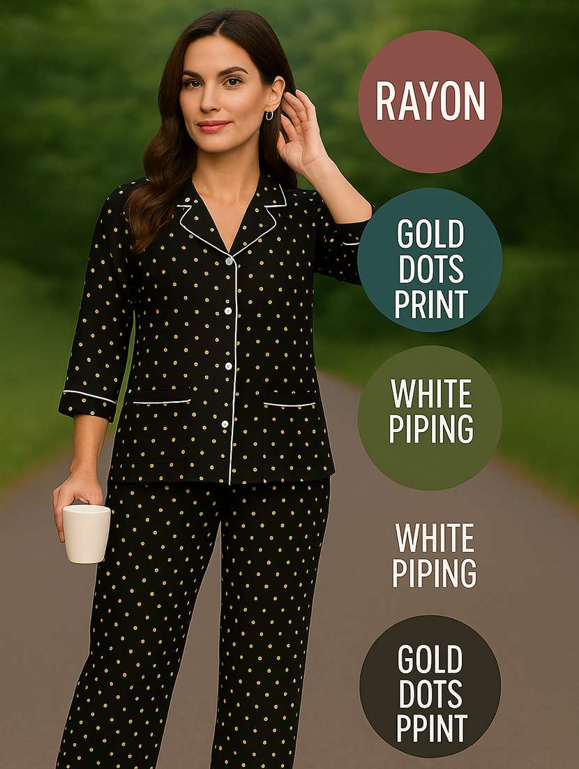 women printed lapel neck pyjama set nightwear - 22079197 - Standard Image - 8