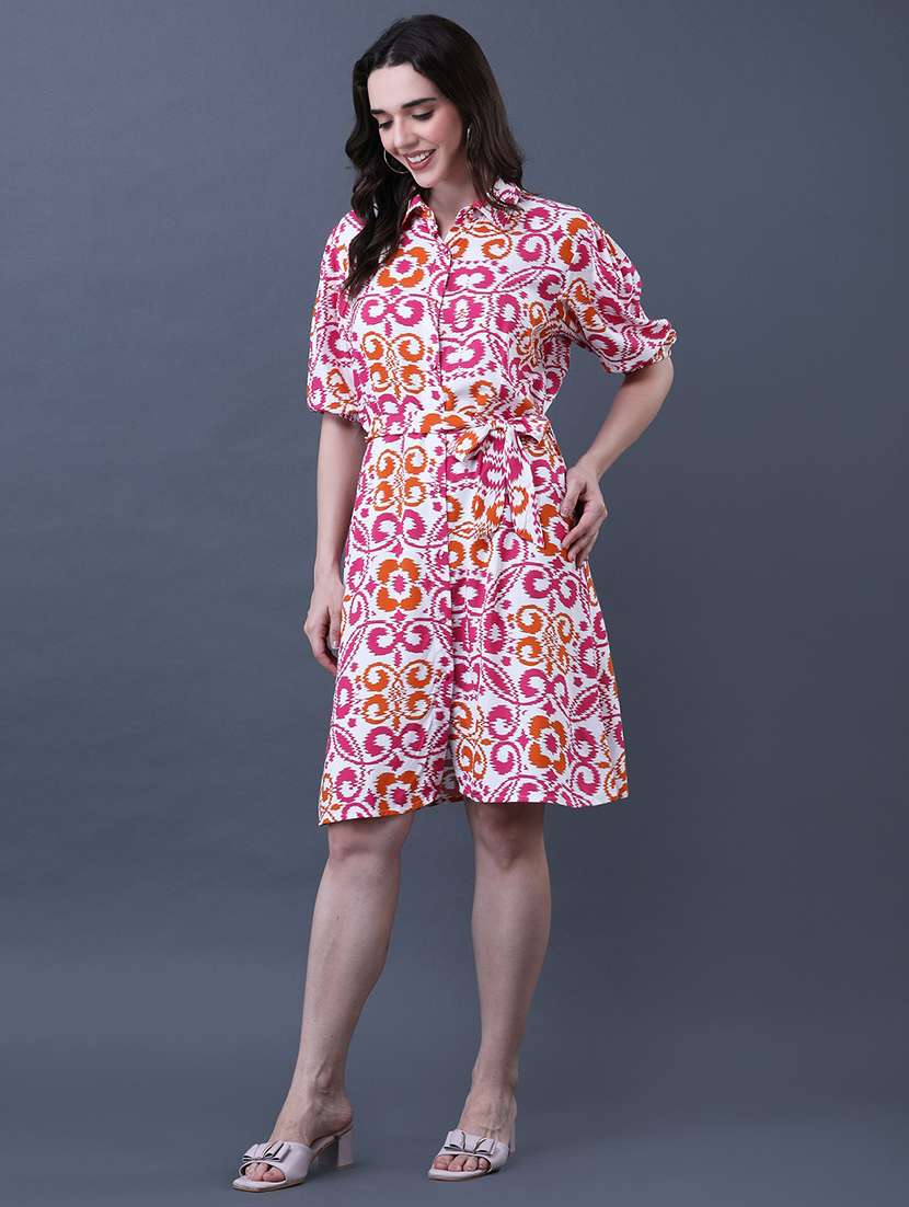 women printed collared puff sleeve shirt dress - 22079198 - Standard Image - 3