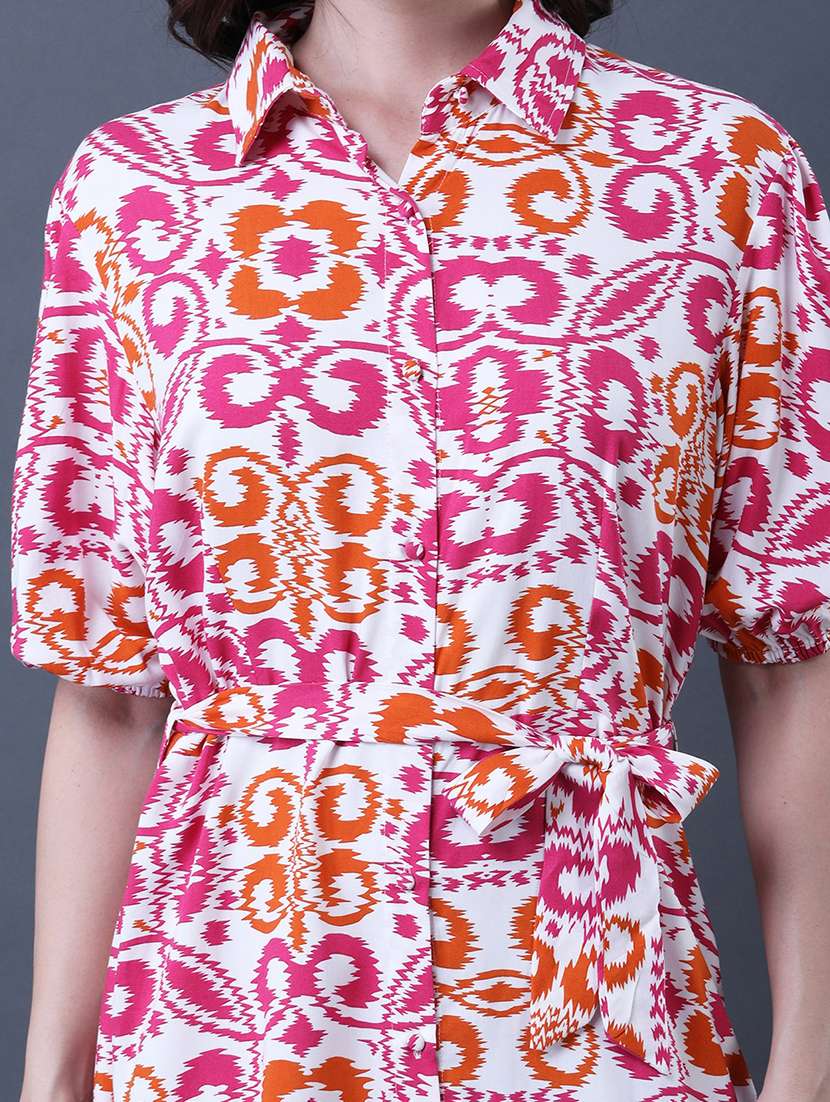 women printed collared puff sleeve shirt dress - 22079198 - Standard Image - 5