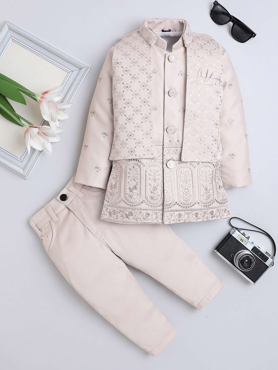 boys embroidered long sleeve sherwani set - 22079210 - Zoom Image - 0