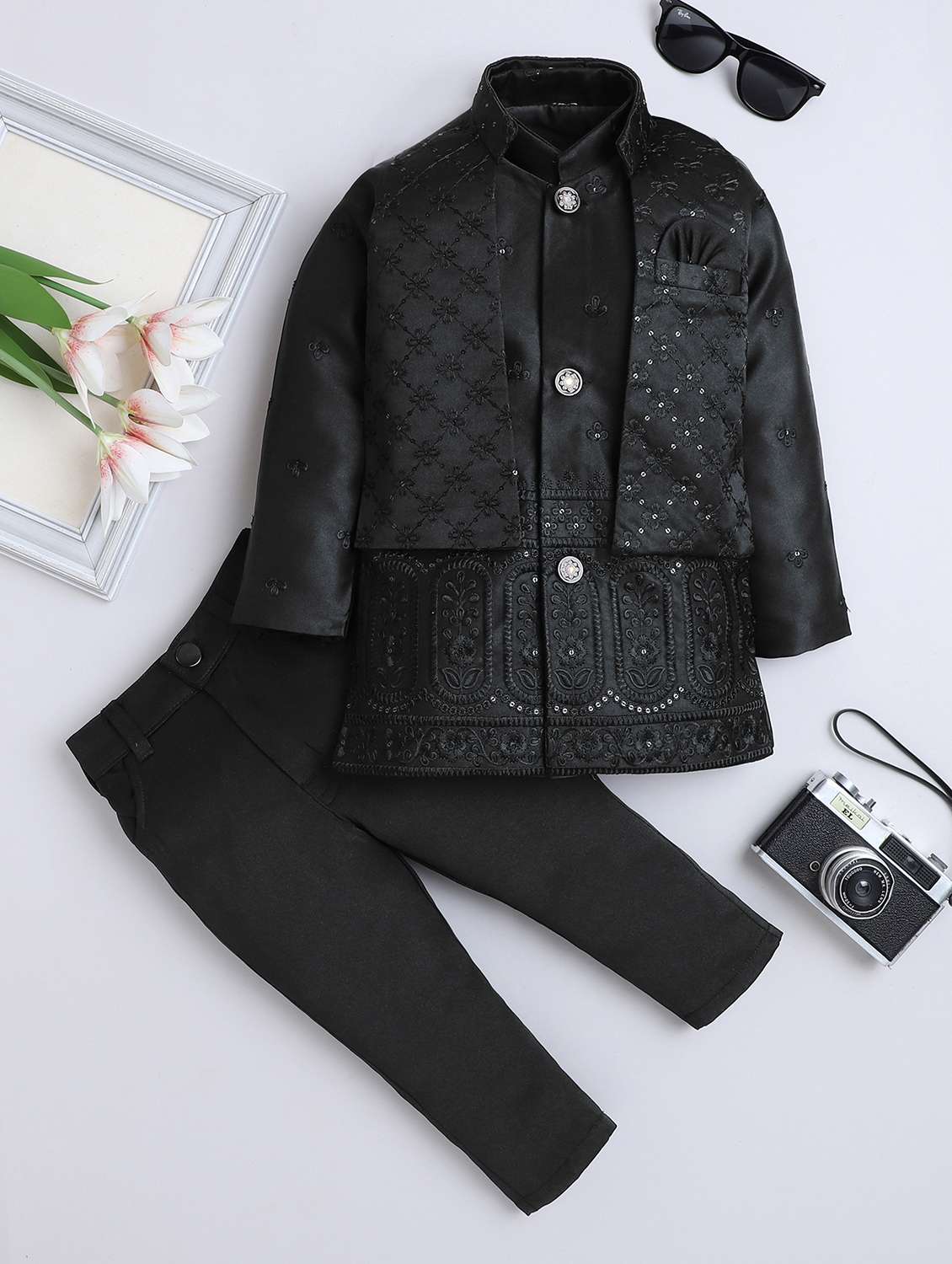 boys embroidered long sleeve sherwani set - 22079213 - Zoom Image - 0