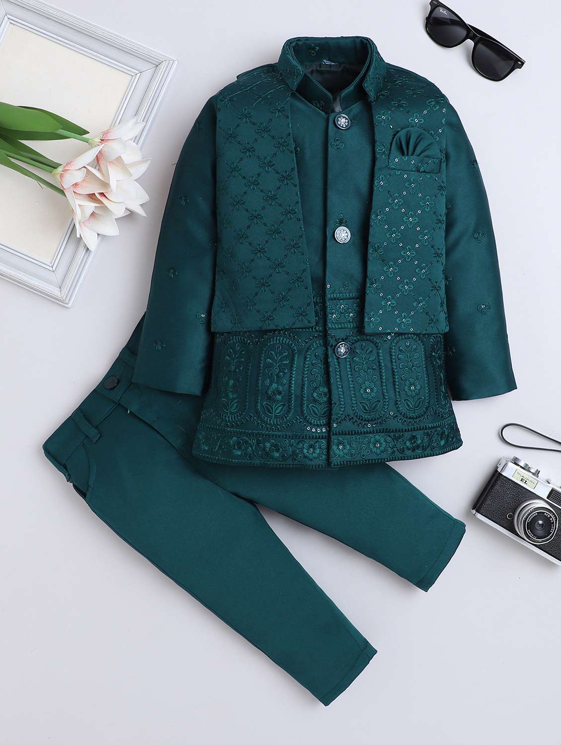 boys embroidered long sleeve sherwani set