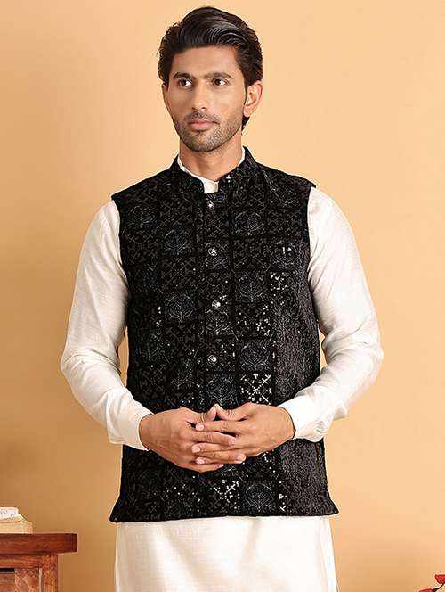 men embroidered mandarin neck nehru jacket - 22079223 - Standard Image - 0