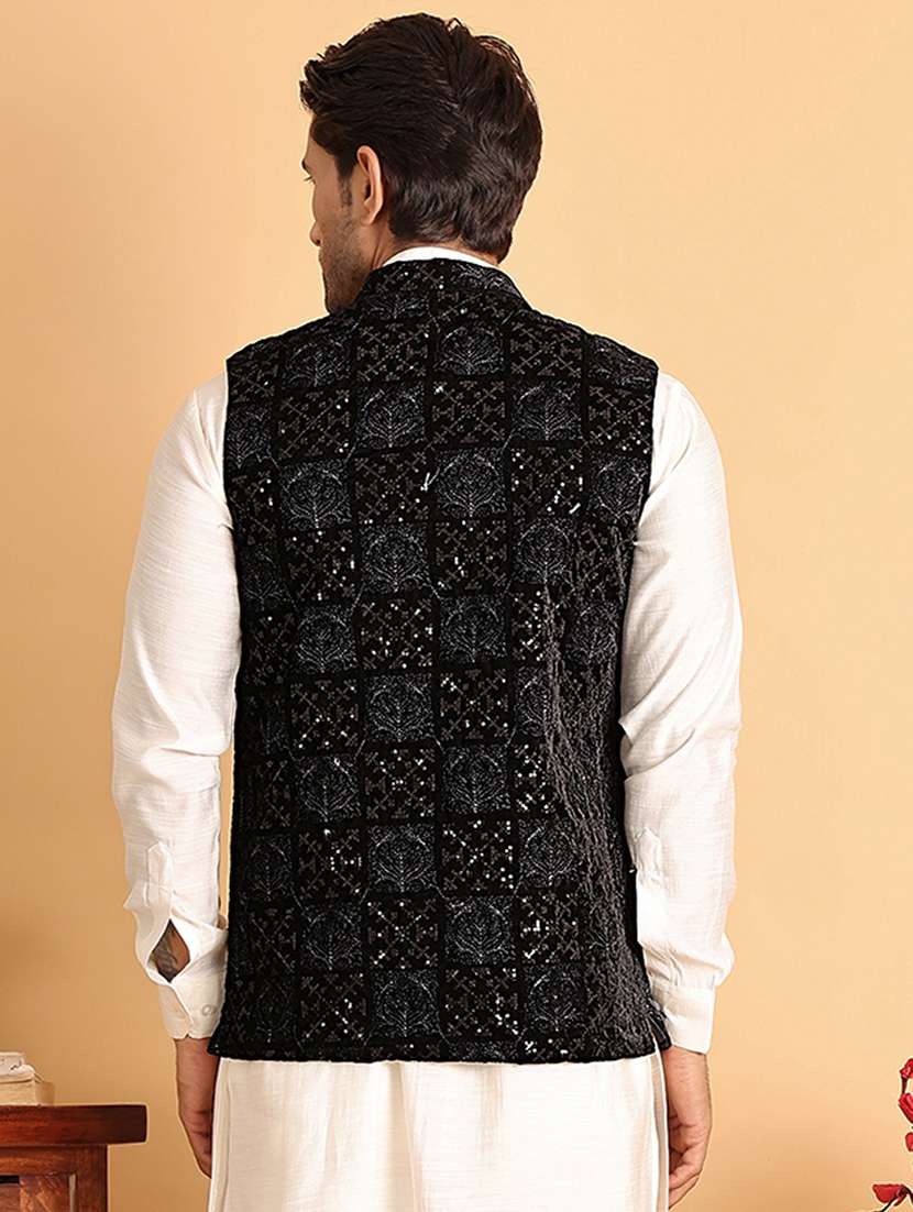 men embroidered mandarin neck nehru jacket - 22079223 - Standard Image - 3