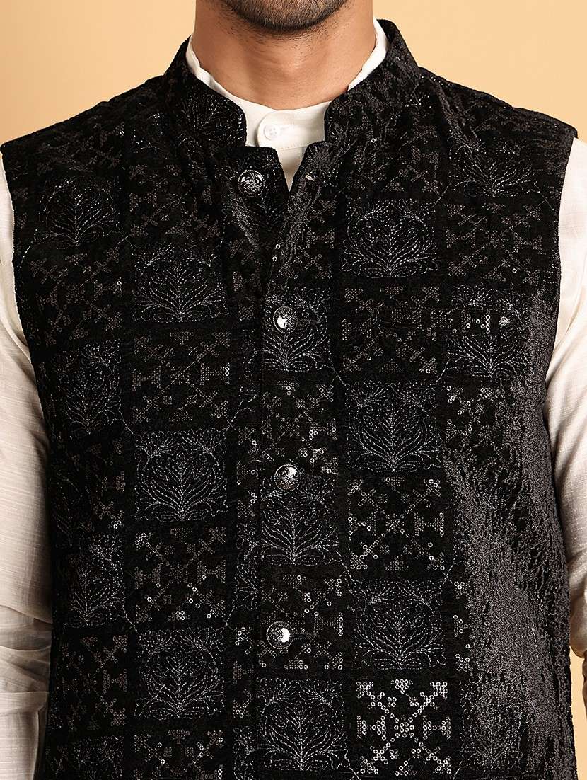 men embroidered mandarin neck nehru jacket - 22079223 - Standard Image - 5
