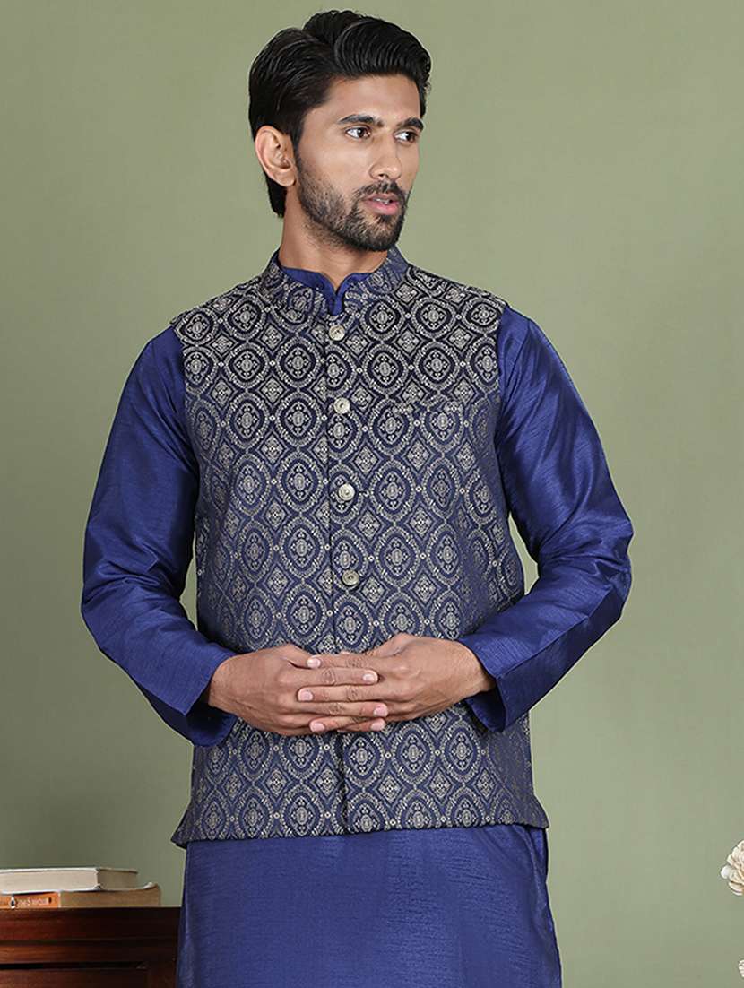 men self design mandarin neck nehru jacket - 22079225 -  Zoom Image - 0