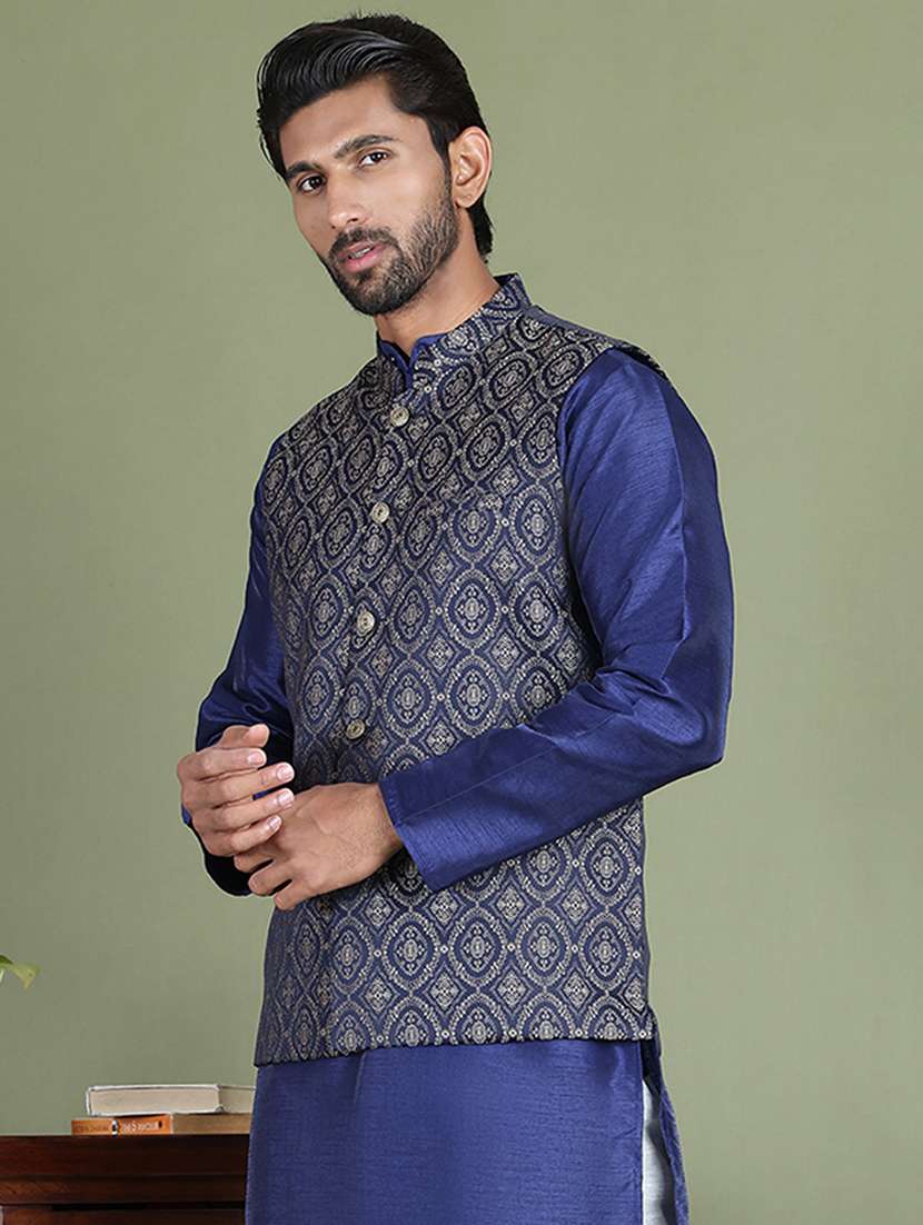 men self design mandarin neck nehru jacket - 22079225 -  Standard Image - 3