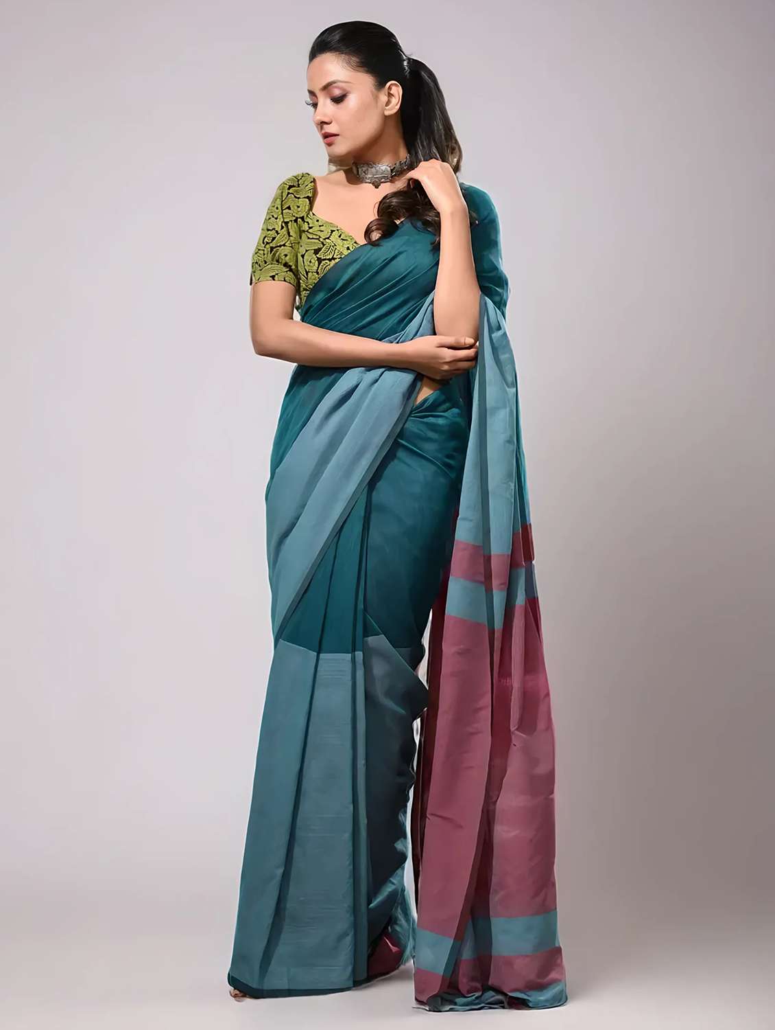 women teal handloom saree with blouse