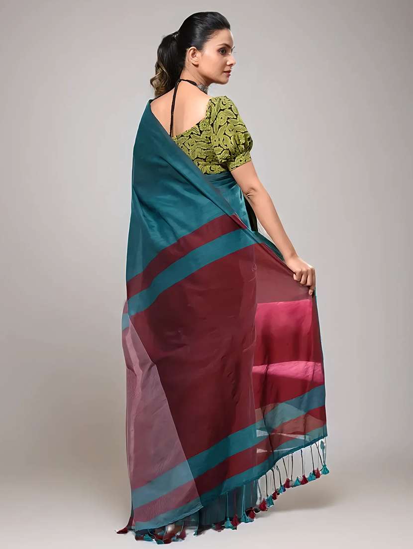 women teal handloom saree with blouse - 22079285 -  Standard Image - 3