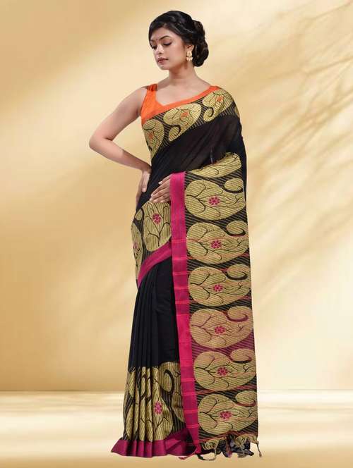 women solid with bordered handloom saree with blouse - 22079299 - Standard Image - 0