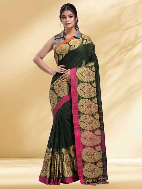 women solid with bordered handloom saree with blouse - 22079300 -  Standard Image - 0