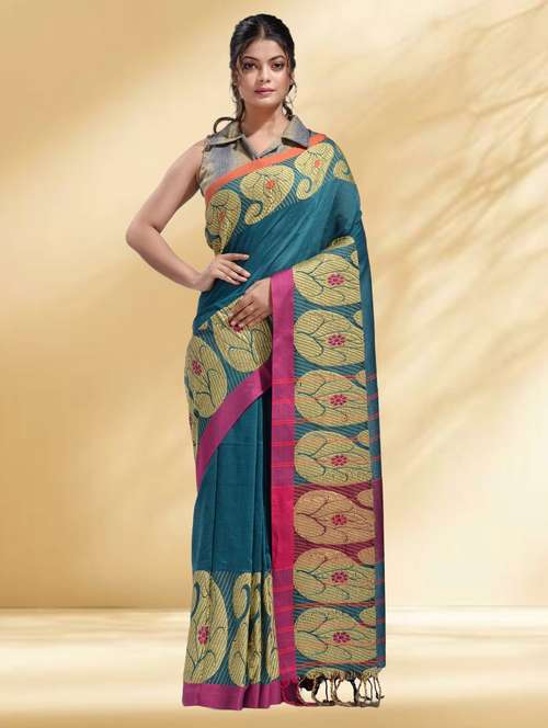 women solid with bordered handloom saree with blouse - 22079301 - Standard Image - 0