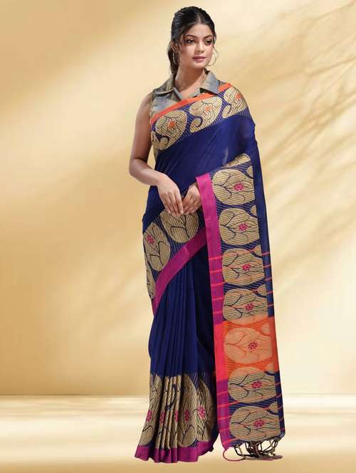 women solid with bordered handloom saree with blouse - 22079302 -  Standard Image - 0