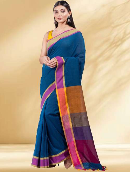 women solid with bordered handloom saree with blouse - 22079308 - Standard Image - 0