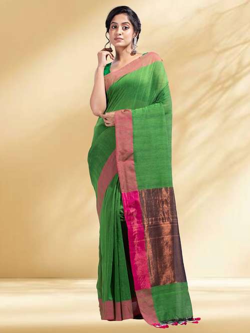 women solid with bordered handloom saree with blouse - 22079311 -  Standard Image - 0