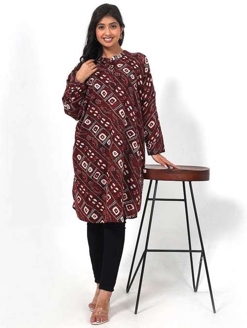 women printed long sleeve high low tunic - 22079399 -  Standard Image - 0