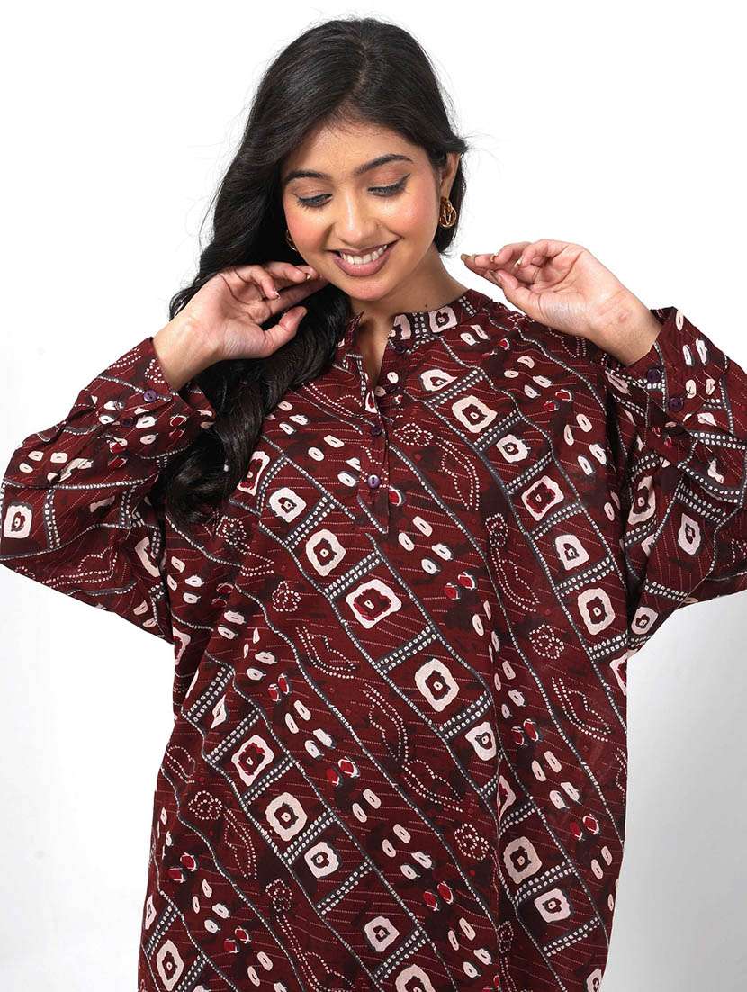 women printed long sleeve high low tunic - 22079399 - Standard Image - 3