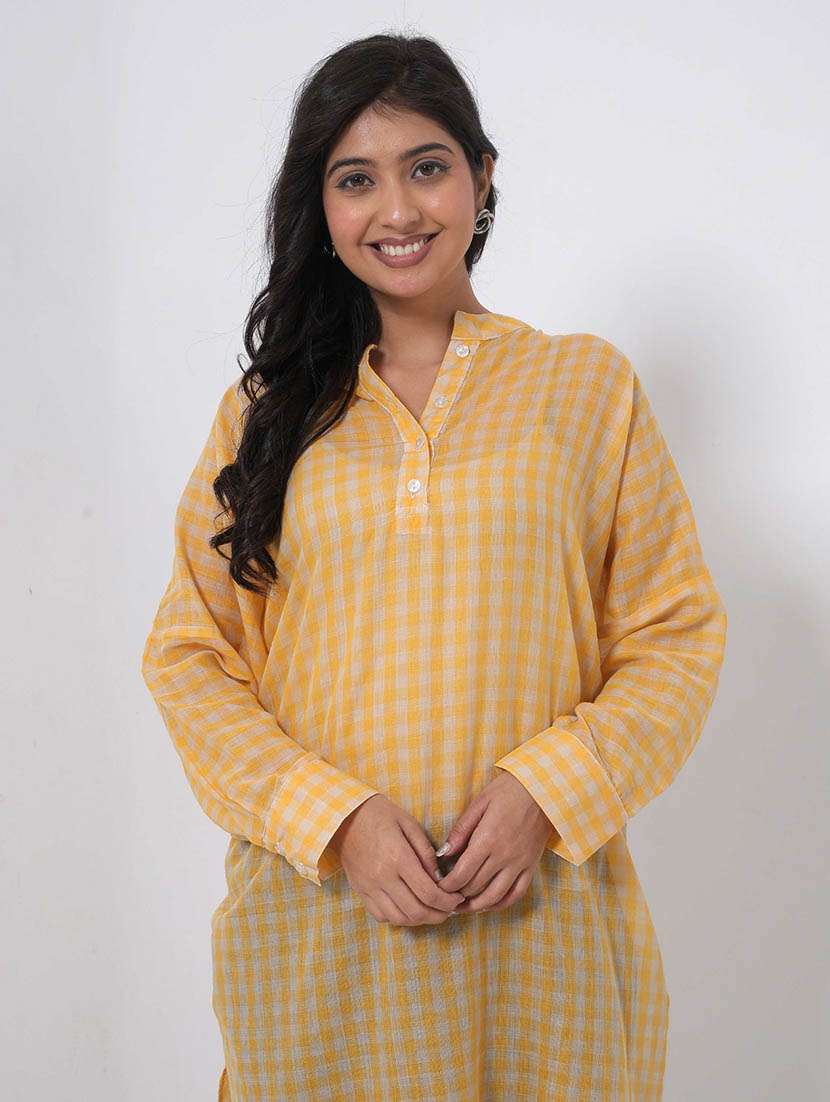 women checkered long sleeve high low tunic - 22079400 - Standard Image - 3