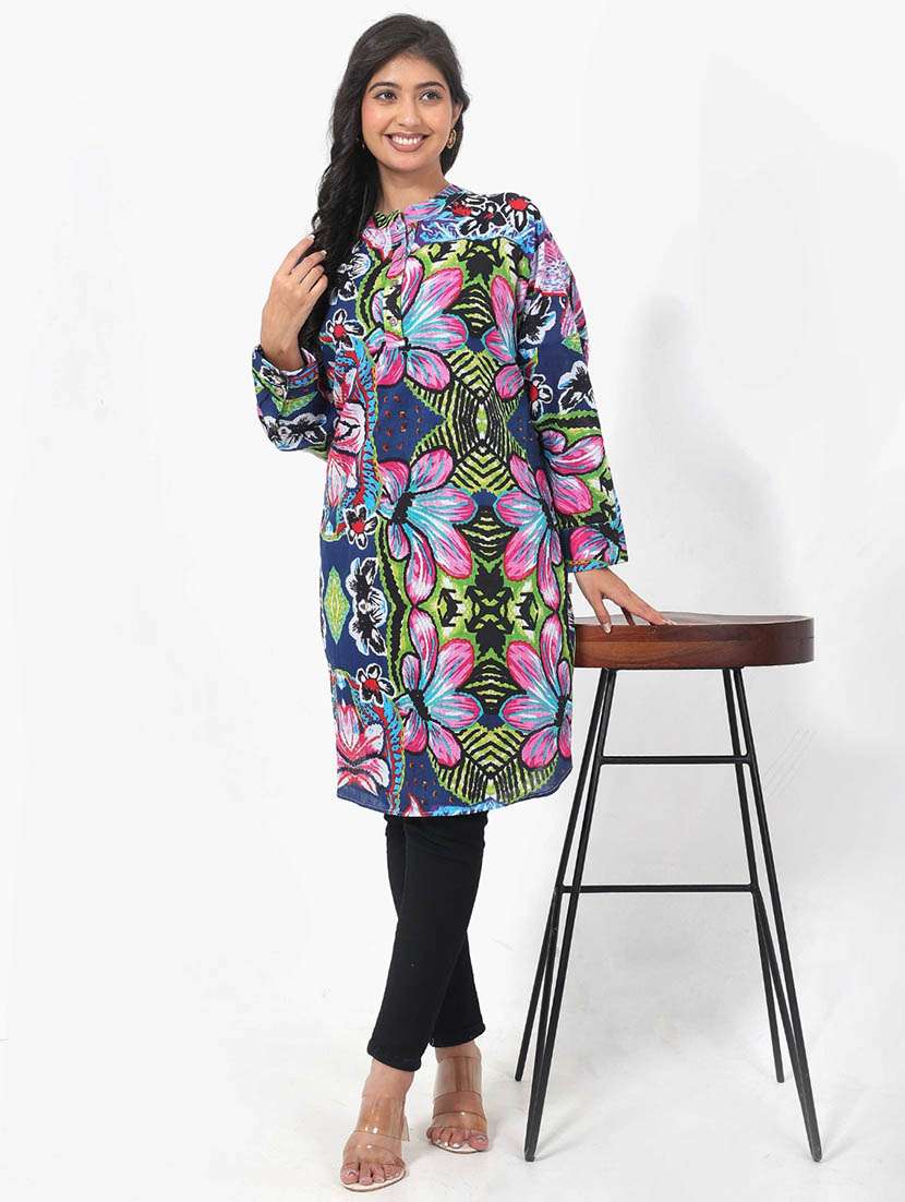 women printed long sleeve high low tunic